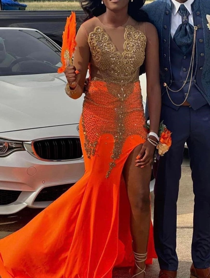 Hot Orange Mermaid High Split Prom Dresses with Gold Beads