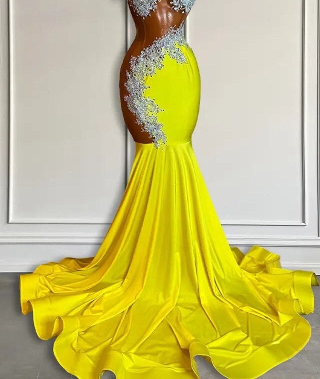Yellow Scoop Prom Dress with Beadings and Tassels - Mermaid Long