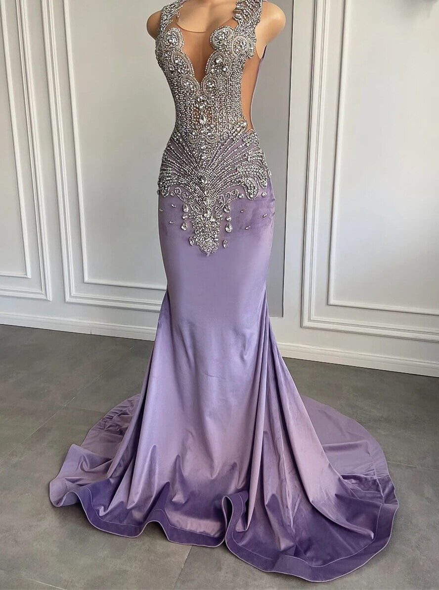 Lilac Mermaid Prom Dress with Scoop Neckline Sleeveless and Crystal Beadings