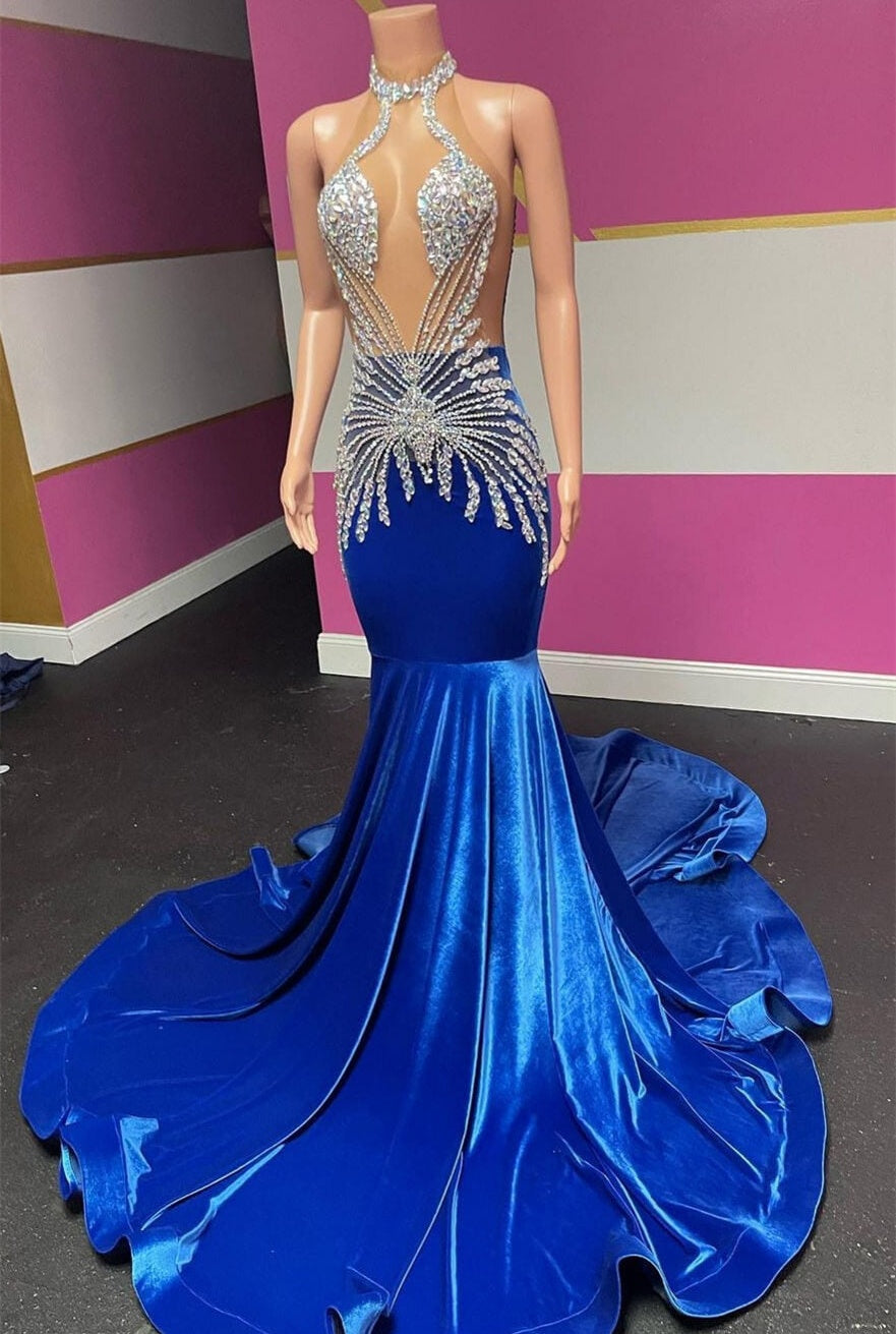 Royal Blue Halter Sleeveless Mermaid Prom Dresses With Beadings Velvet