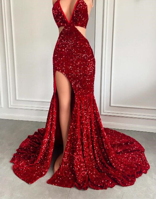 ombreprom Red Sequins Prom Dress High Slit Halter