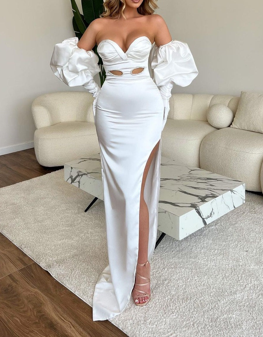 Sweetheart Long White Mermaid Split Front Fashion Prom Dress With Sleeves
