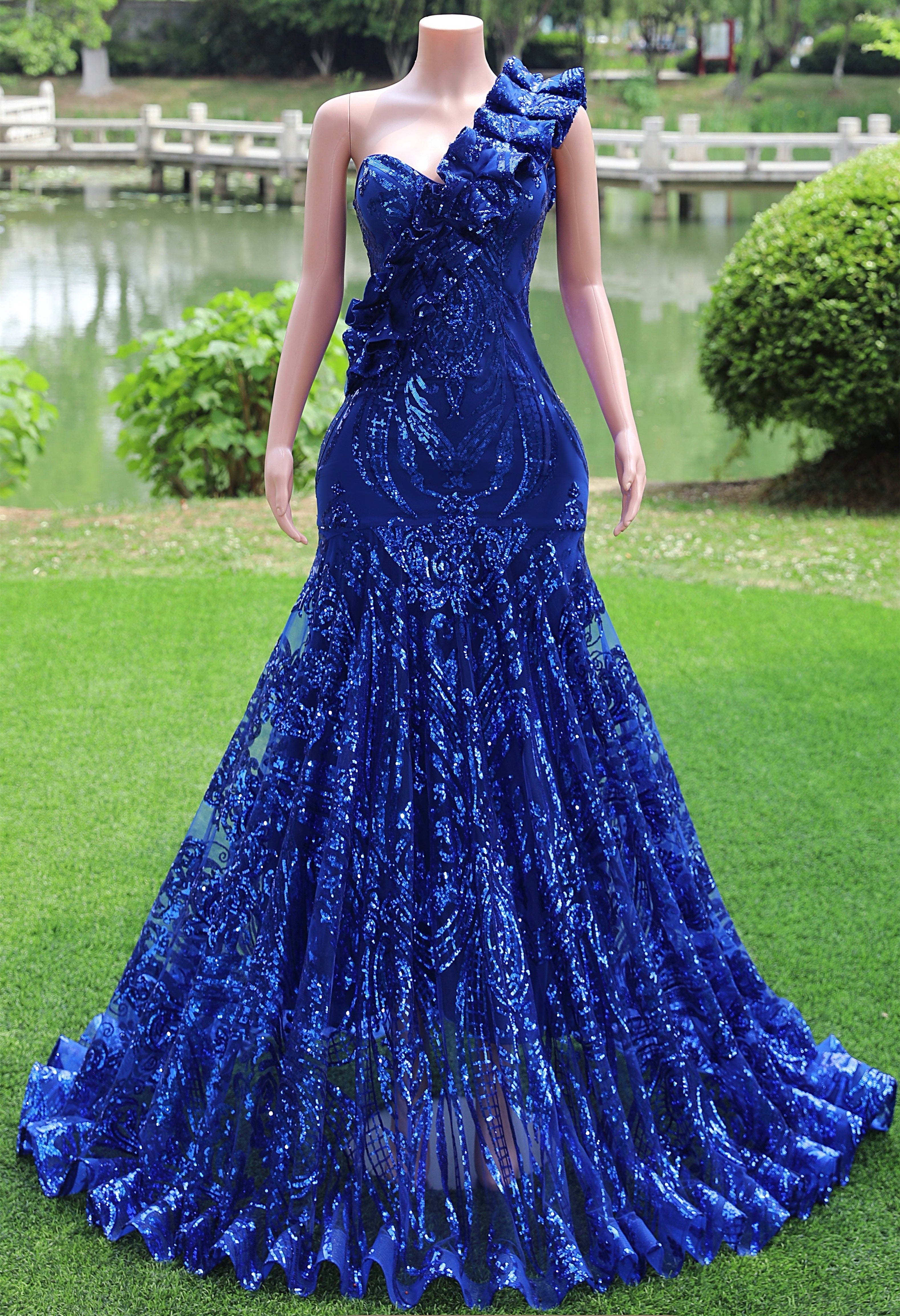 One shoulder Ruffles Sparkle Royal Blue Mermaid Prom Dresses
