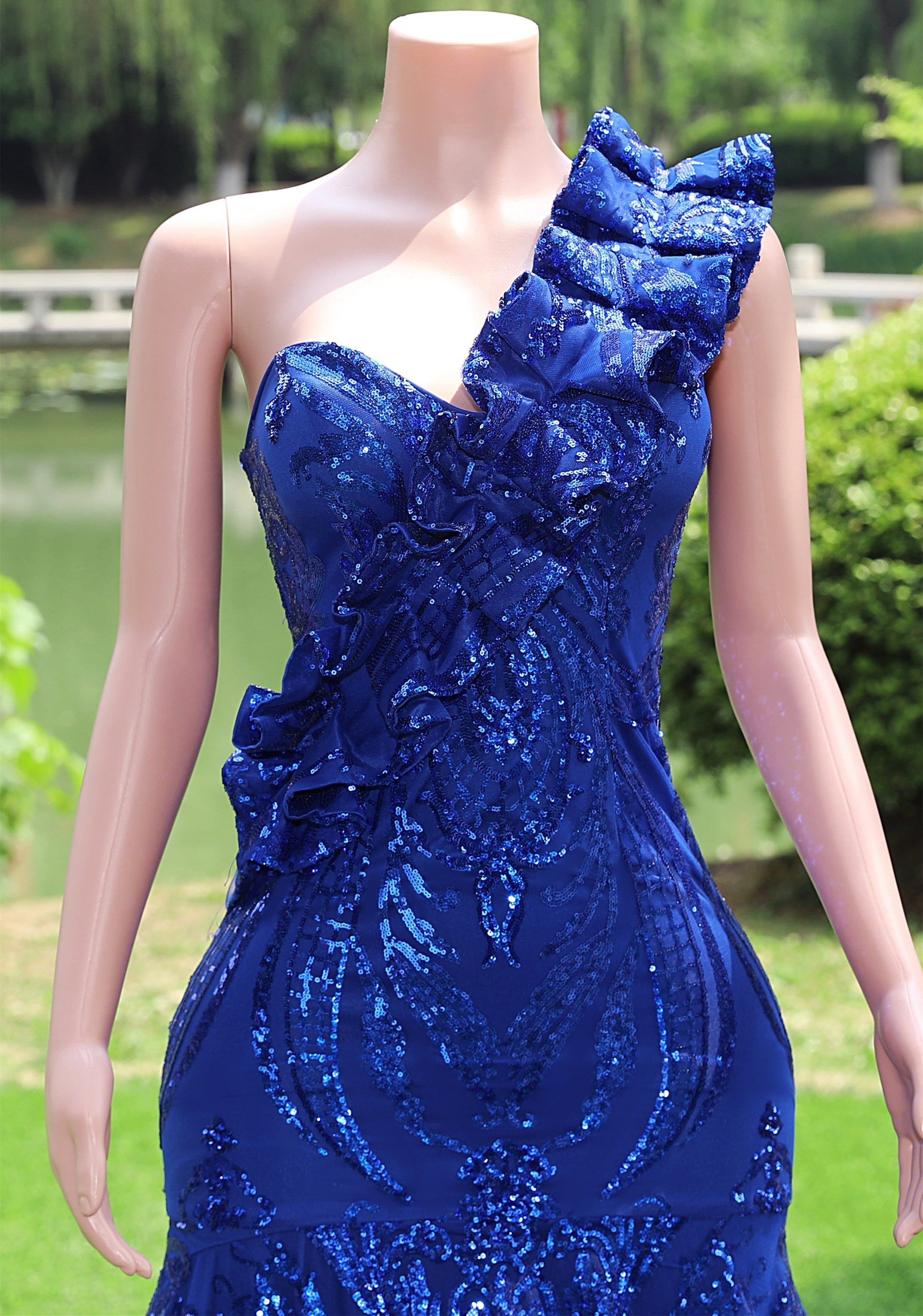 One shoulder Ruffles Sparkle Royal Blue Mermaid Prom Dresses