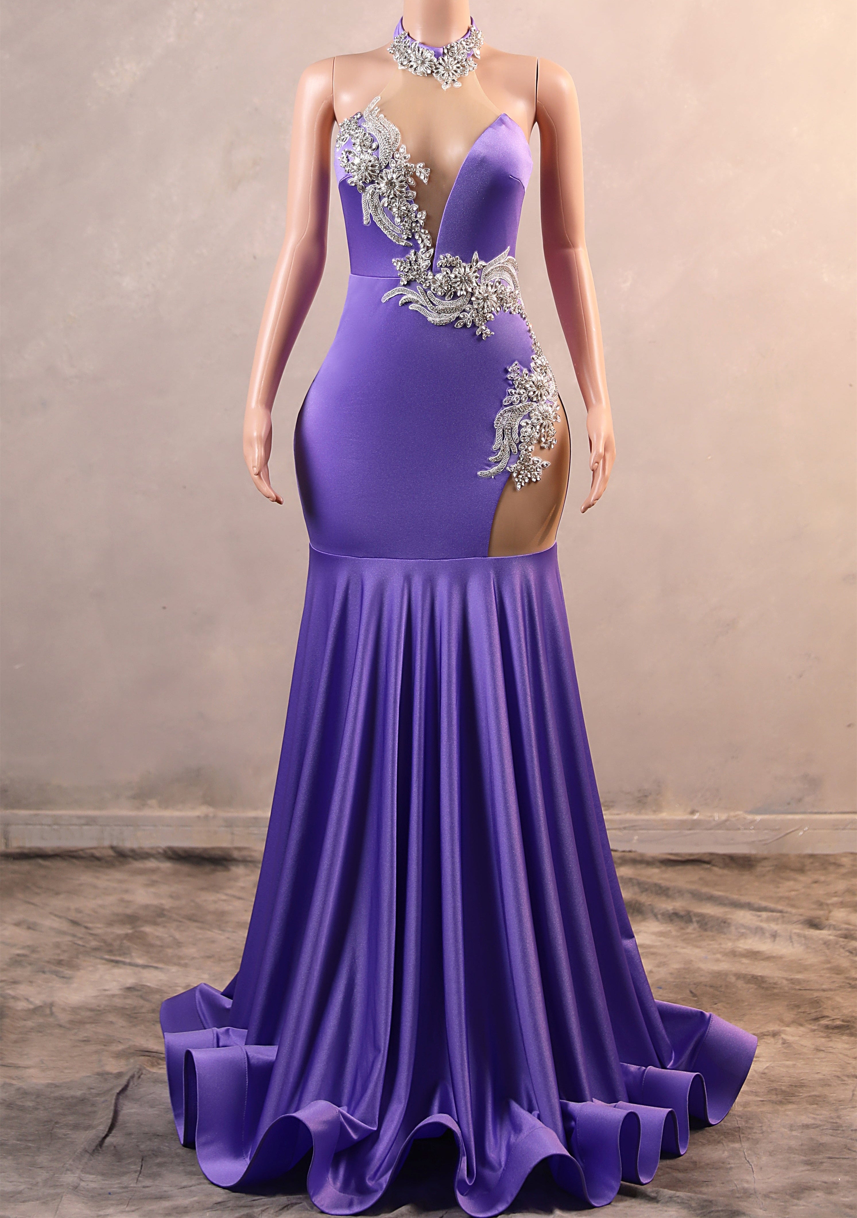 Lilac High neck Silver Applqiues Mermaid Satin Prom Dresses