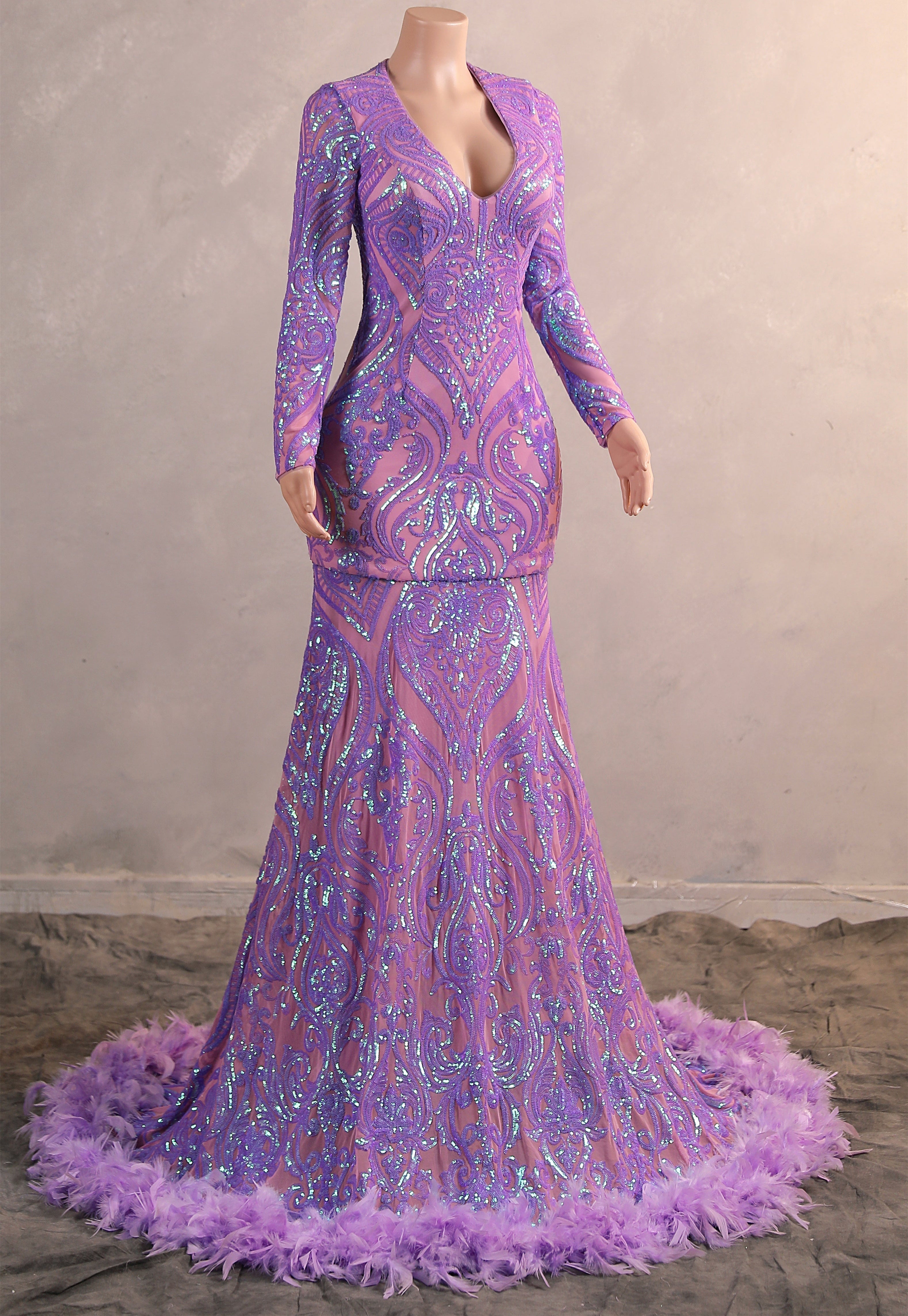 Long sleeves Feather Lilac Sequin Sparkle Mermaid Prom Dresses