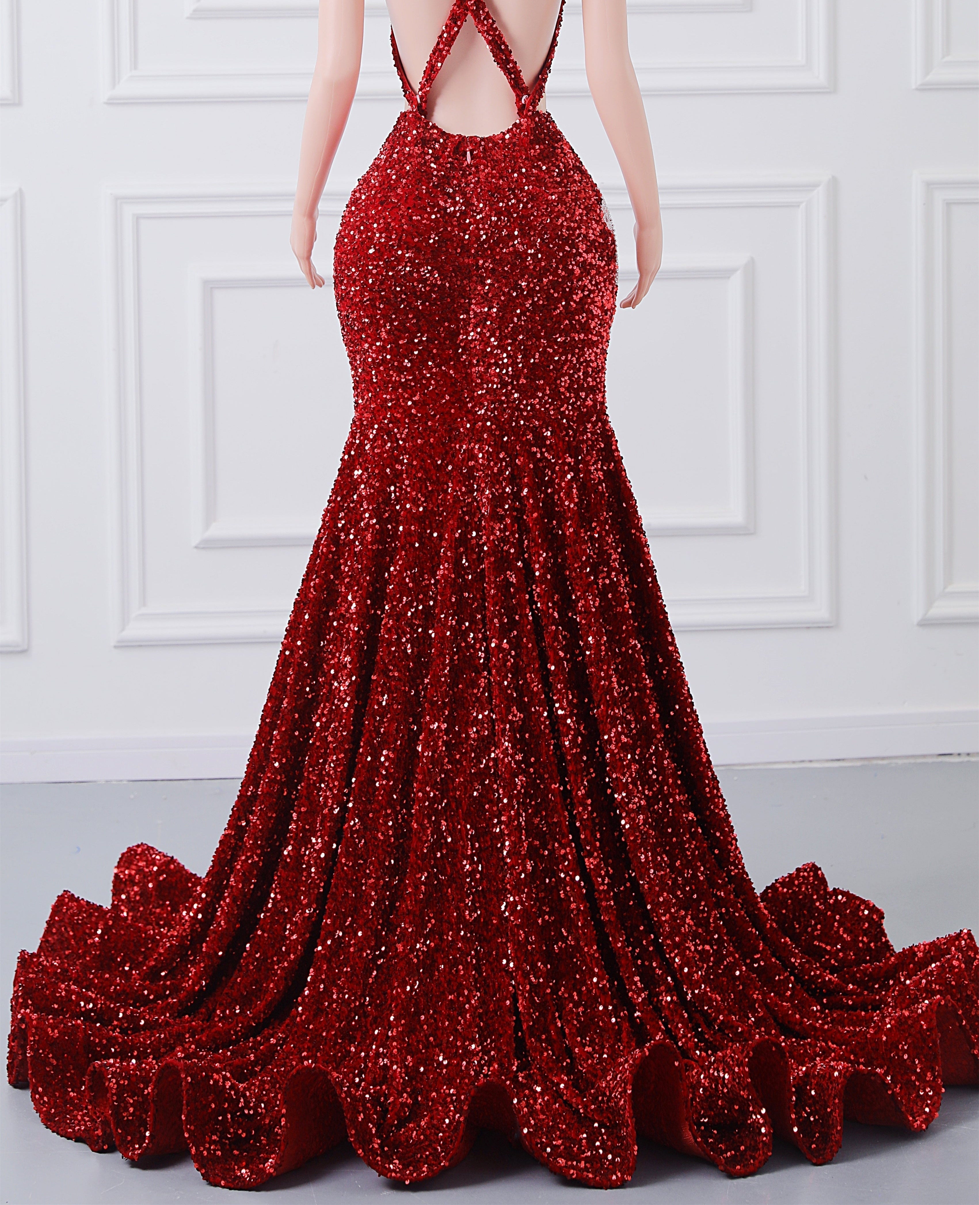Luxury Burgundy Sequin Mermaid Silver Beaded Court Trian Criss Cross Prom Dresses