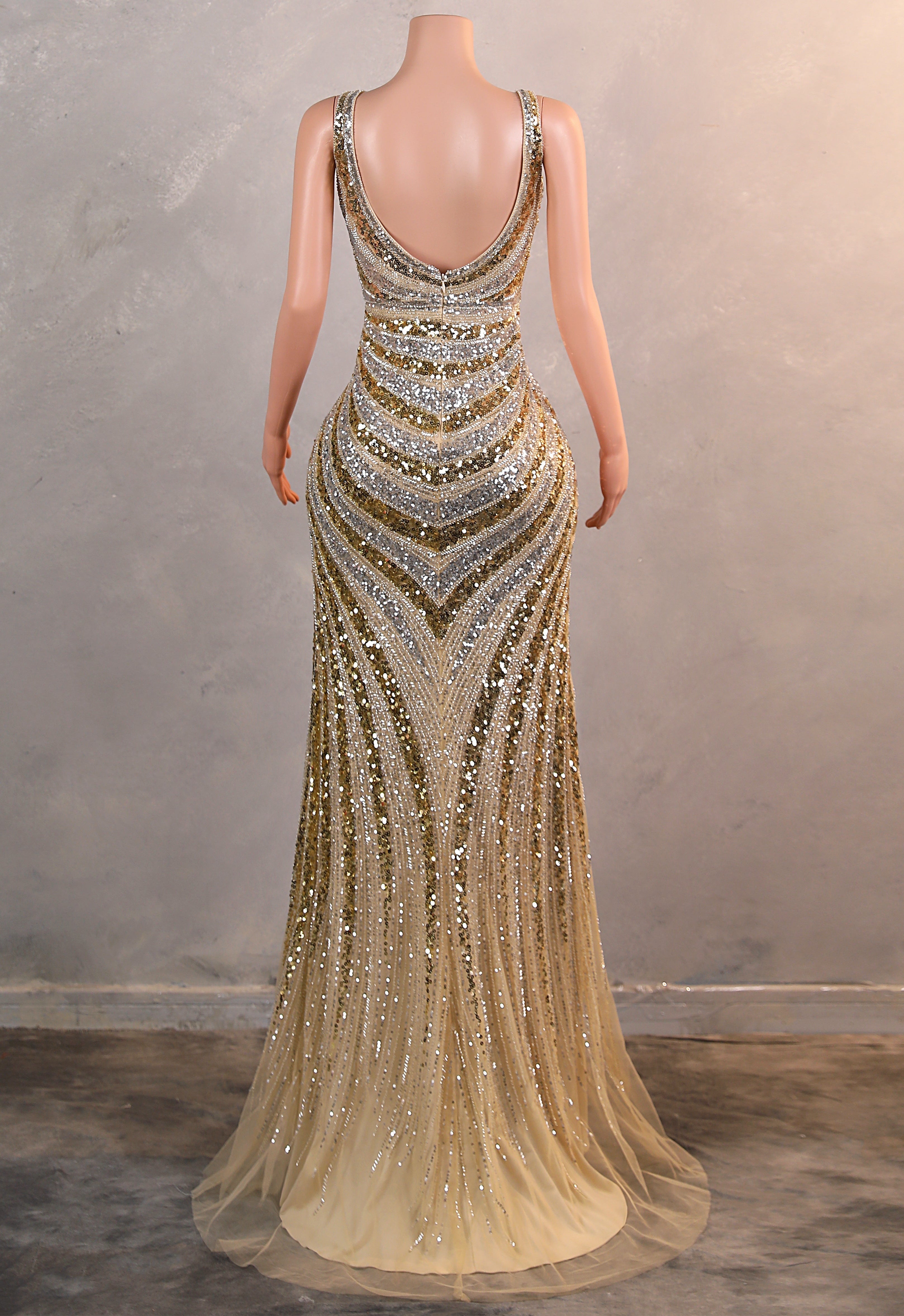 Silver Gold High Split V-neck Sleeveless Mermaid Prom Dresses