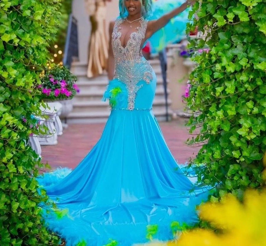 Elegant Blue Silver Sequined Feathers Mermaid Long Prom Dresses