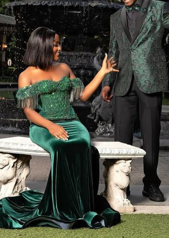 Dark Green Off the shoulder Sequined Mermaid Long Prom Dresses