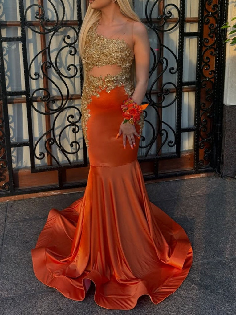 Red Satin Mermaid Column Gold Beaded Sleeveless Long Prom Dresses