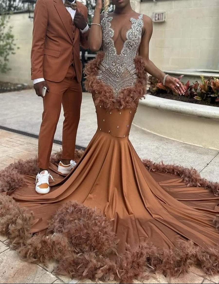 Silver Beaded Deep V-neck Brown Feathers Mermaid Prom Dresses