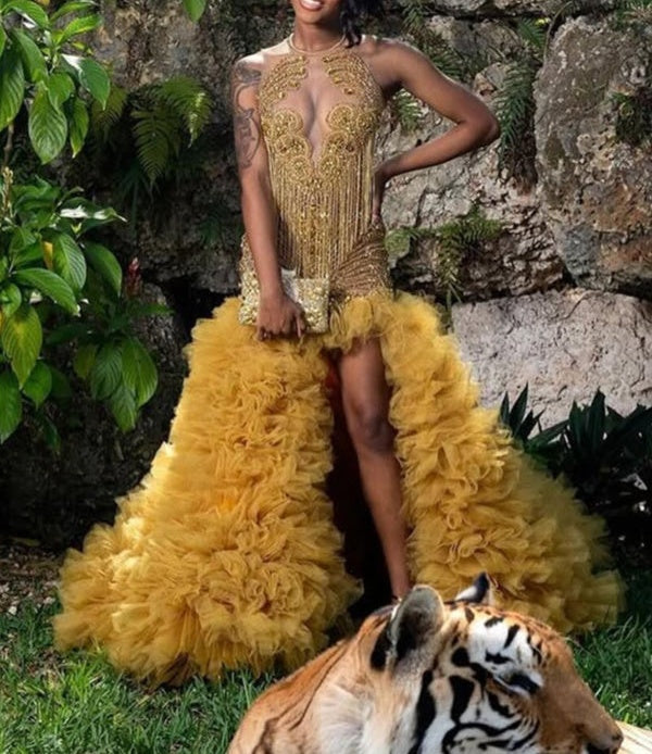 Gold Ruffles Mermaid Luxury Sequin Floor length Prom Dresses