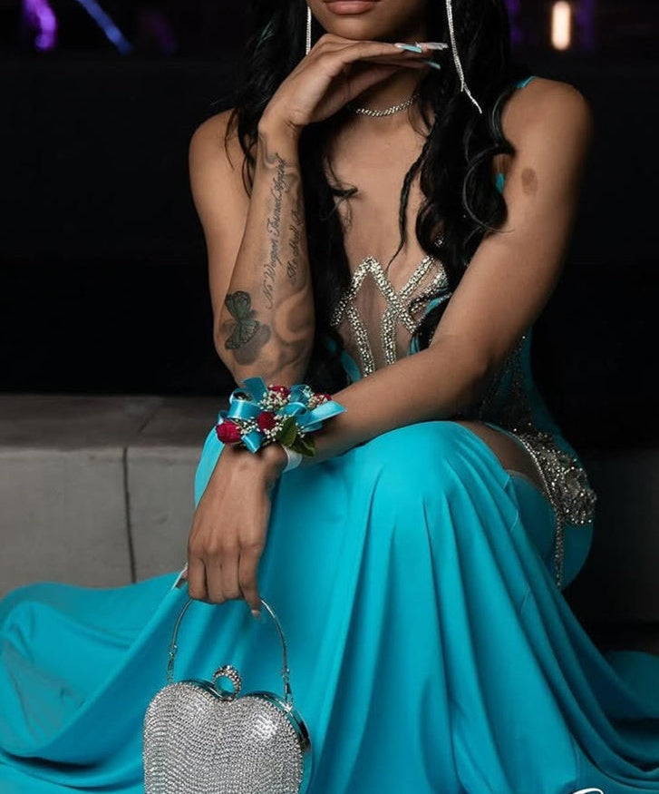 Round neck Silver Beaded Blue Mermaid Floor length Prom Dresses