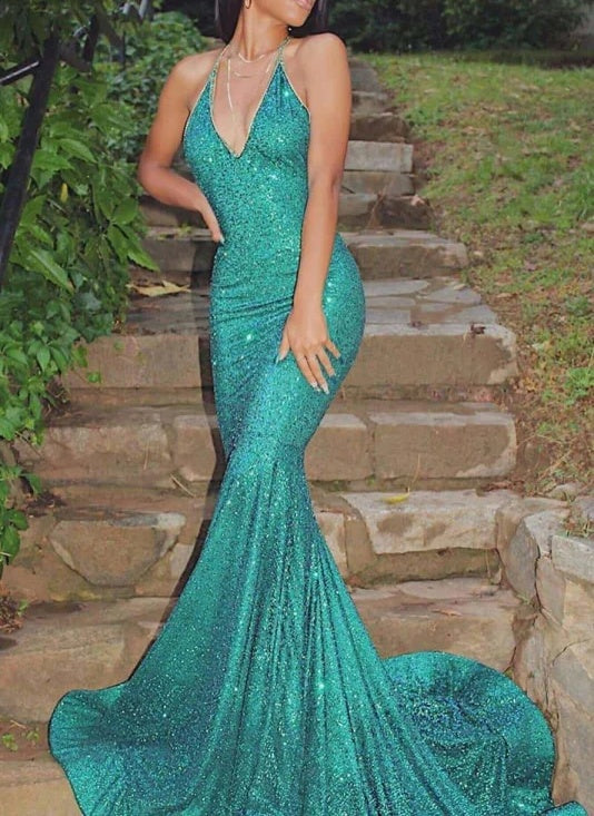 Halter Sparkle Sequin Mermaid Court Train Sleeveless Prom Dresses