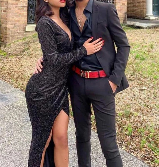 Long sleeves Deep V-neck High Split Mermaid Sparkle Black Prom Dresses