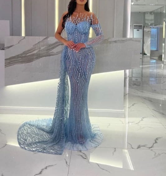 Long sleeves One shoulder Mermaid Dusty Blue Court Train Prom Dresses