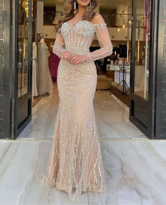 Off the shoulder Champange Long sleeves Sweetheart Sparkle Beaded Prom Dresses