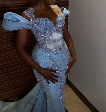 Stunning Off the shoulder Blue Mermaid Beaded Floor length Prom Dresses