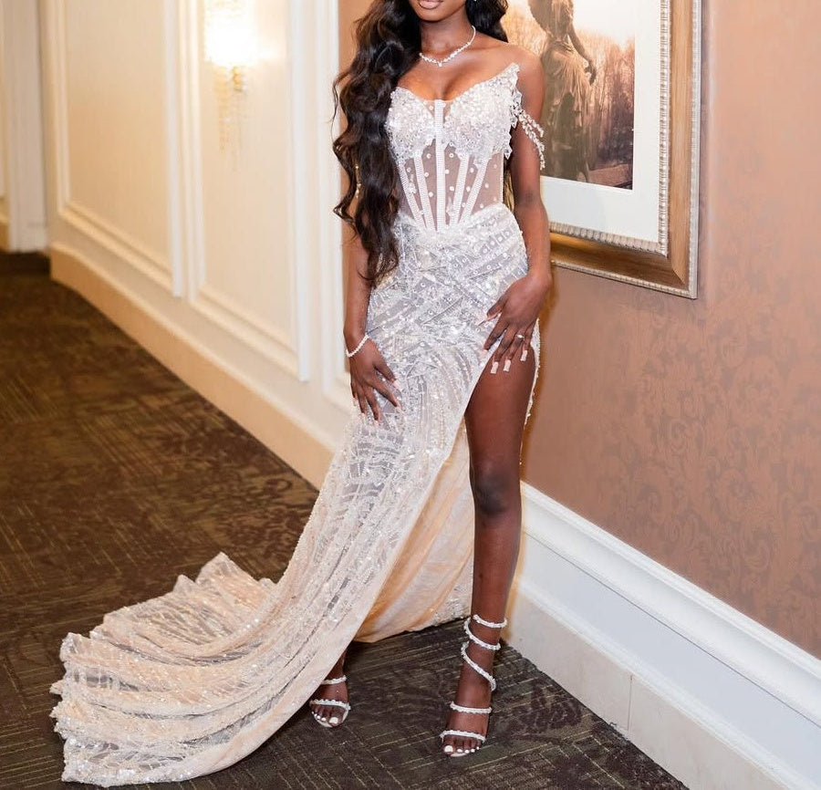 Sweetheart Ivory Mermaid High Split Court Train Sparkle Prom Dresses