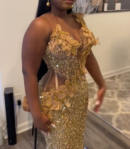 Gold Sleeveless Flowers Sequin Column Floor length Sparkle Prom Dresses