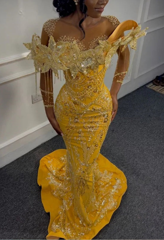 Yellow Flowers Sparkle Beaded Mermaid Court Train Prom Dresses