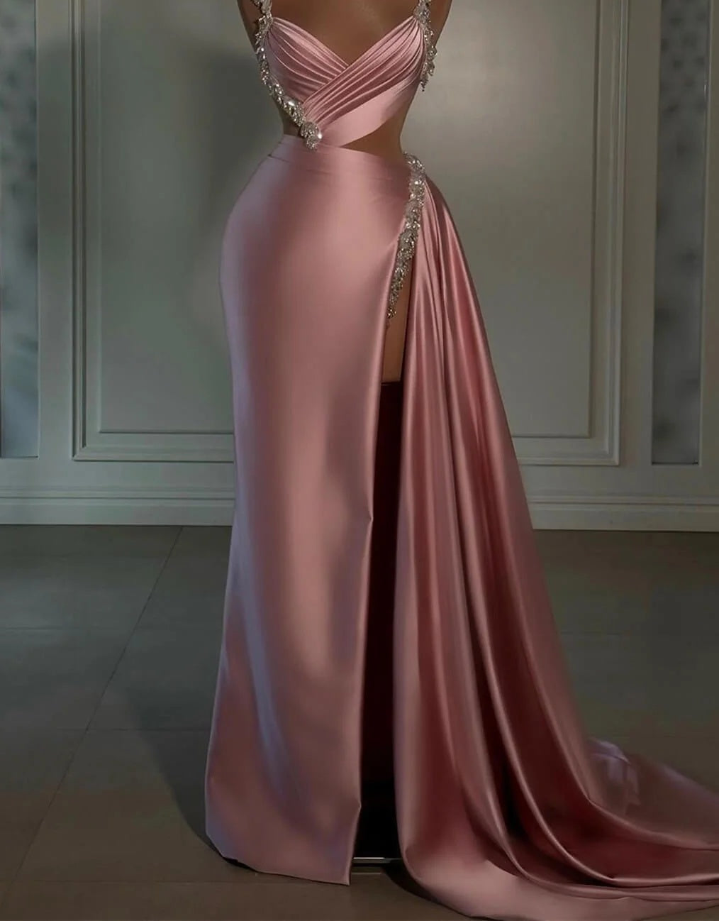Silver Beaded Straps Shiny Pink Satin High Split Prom Dresses