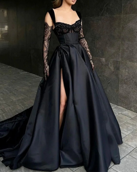 Straps Black Sweetheart Satin High Split A-line Prom Dresses