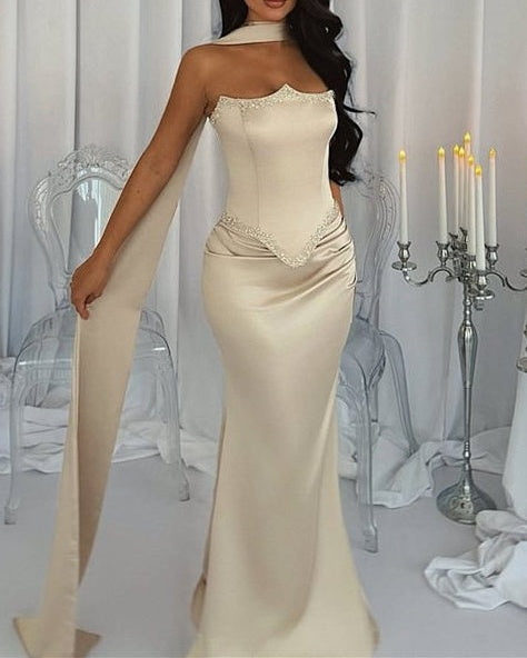 Luxury Strapless Mermaid Prom Dresses Satin Floor Length Sleeveless With Beads Ribbon