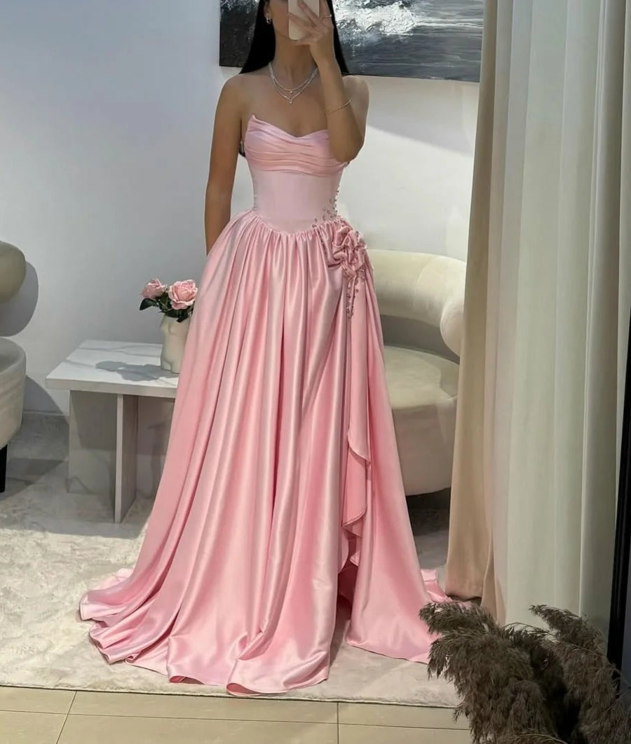 Gorgeous Baby Pink Sweetheart Satin Prom Dresses Sleeveless High Slit Gem With Pleats