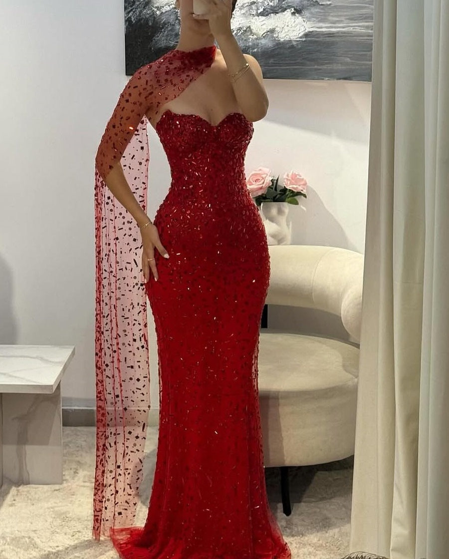 Gorgeous Red Sweetheart Mermaid Prom Dresses Sleeveless Strapless With Gem