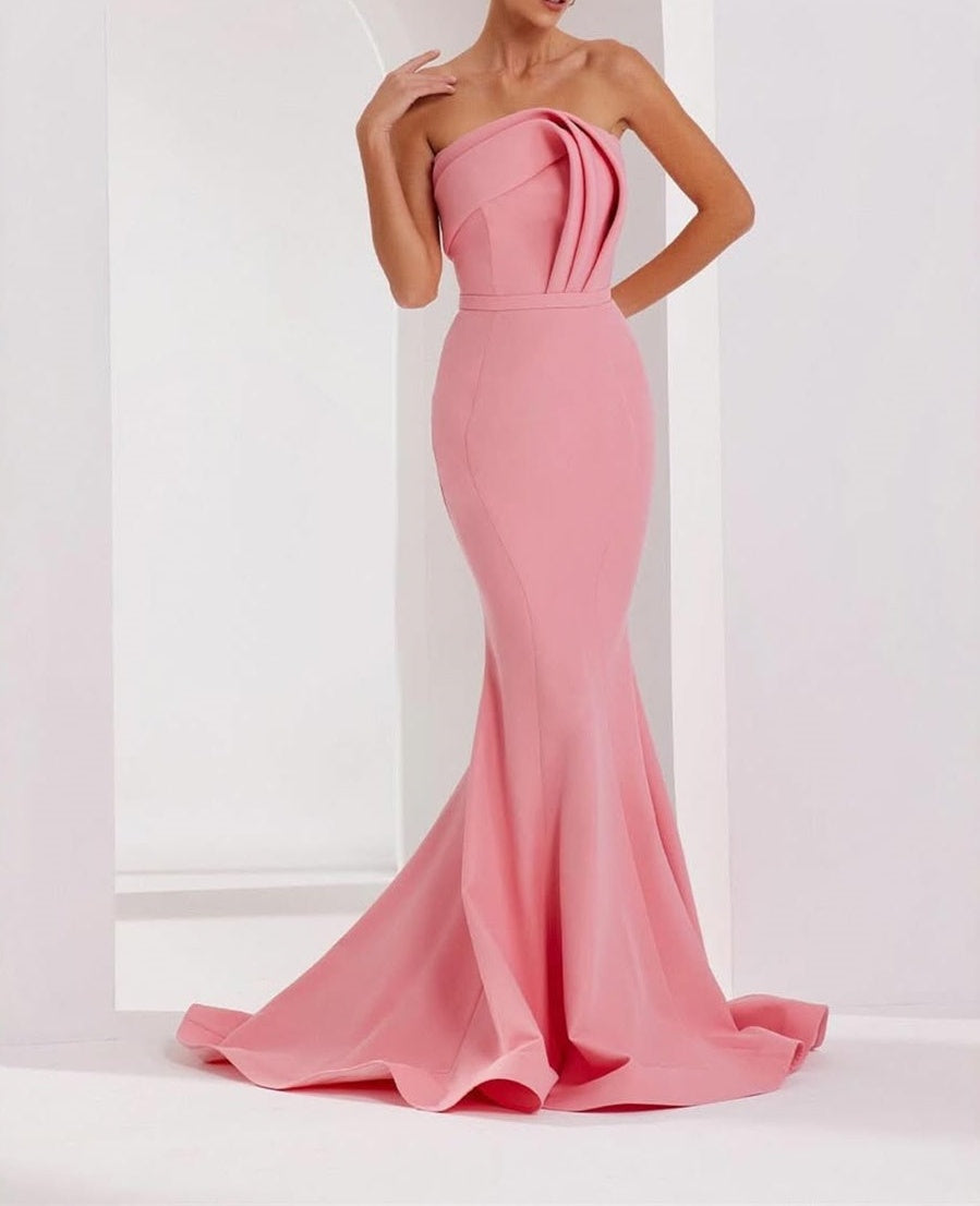 Modern Dusty Rose Strapless Satin Prom Dress Mermaid Sheath Sleeveless On Sale