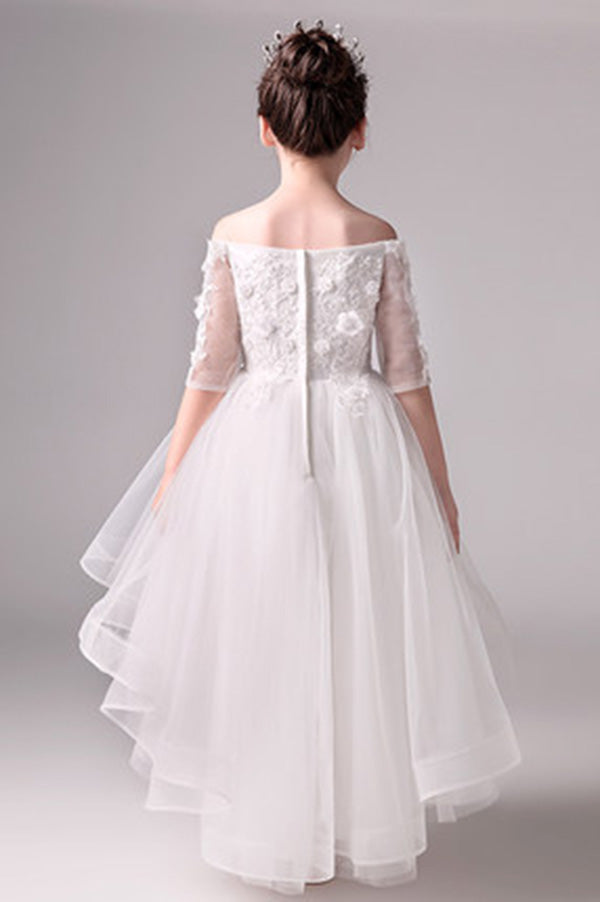 Cute Off The Shoulder High Low Half Sleeves Tulle Flower Girl Dresses