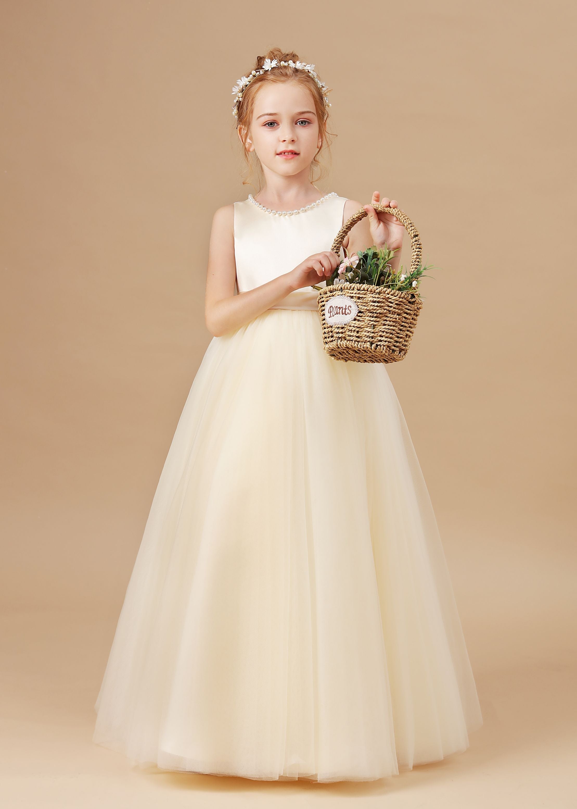 Champagne Sleeveless Tulle Satin Flower Girl Dresses With Bow