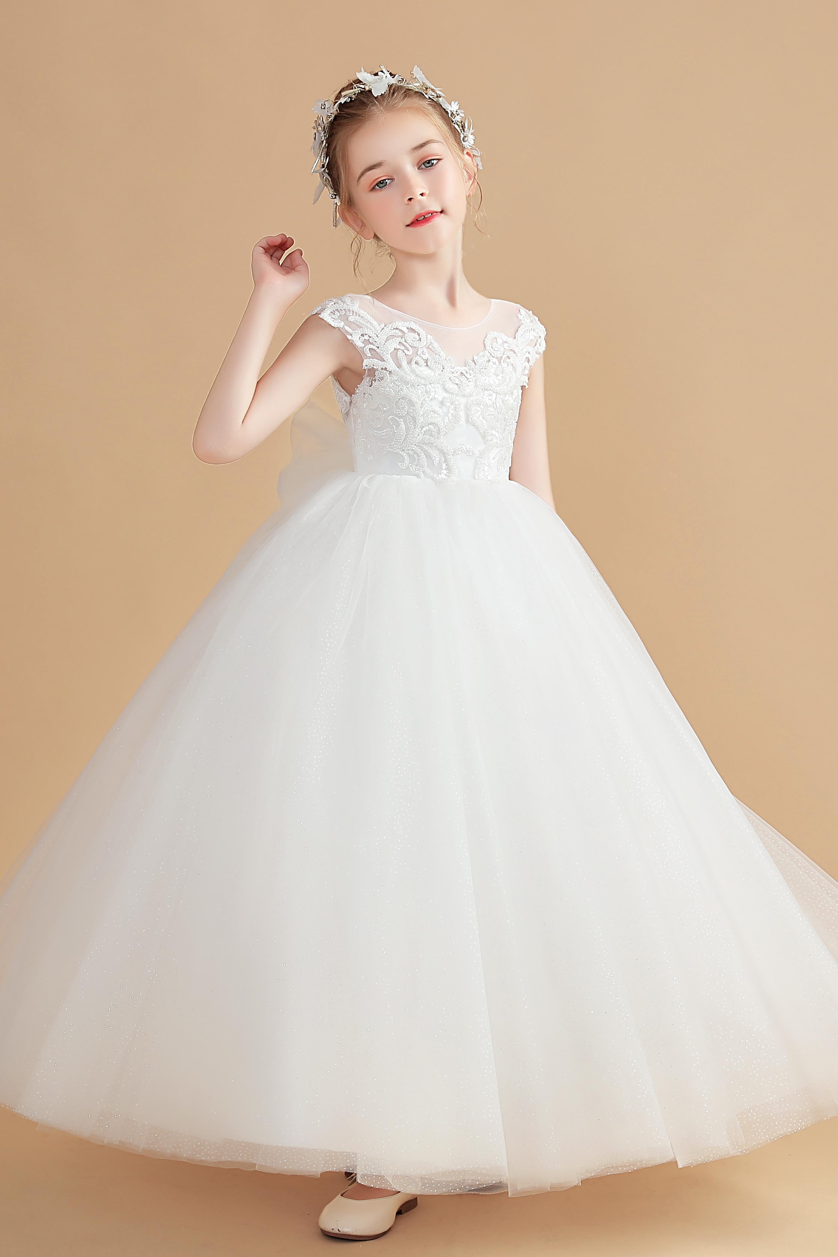 Cap Sleeves Ivory Tulle Flower Girl Dresses With Bowknot