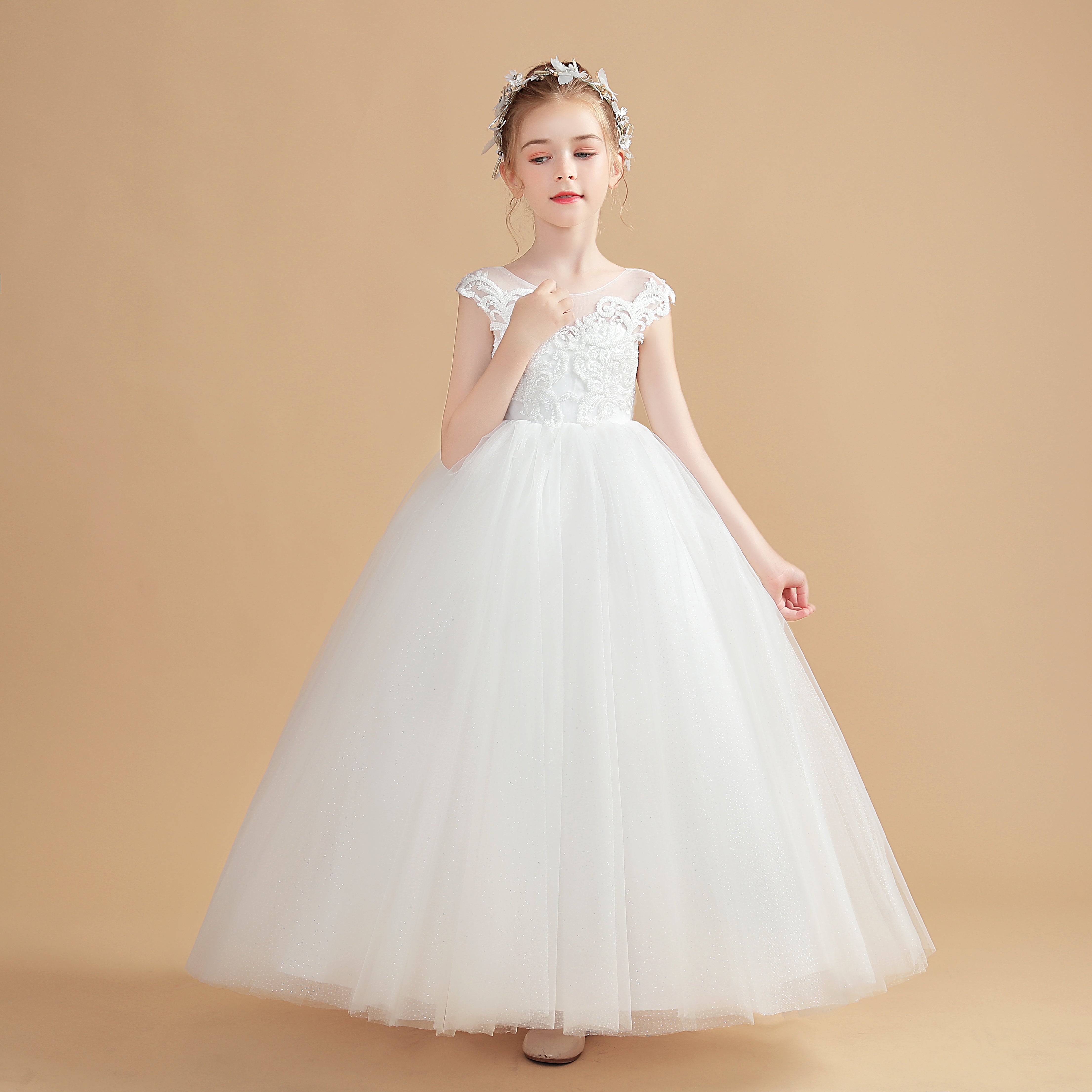 Cap Sleeves Ivory Tulle Flower Girl Dresses With Bowknot