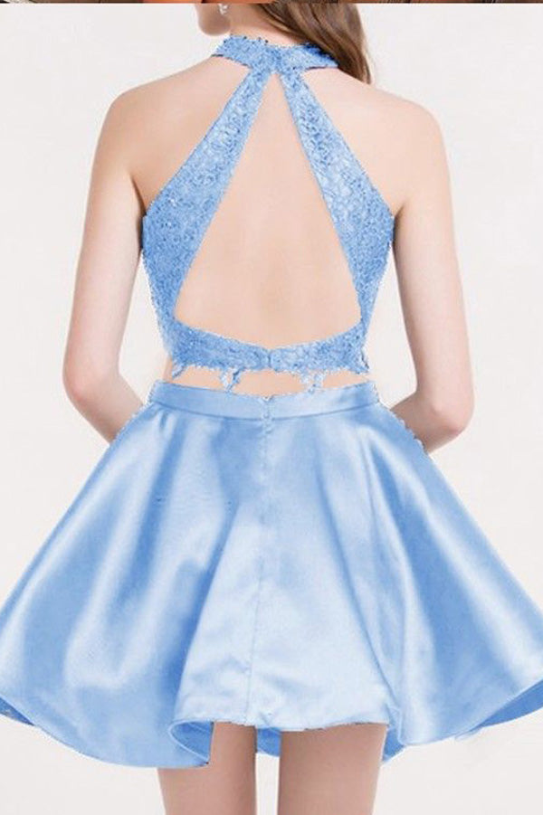 Sky Blue Two Piece A Line Halter Sleeveless Appliques Short Homecoming Dresses