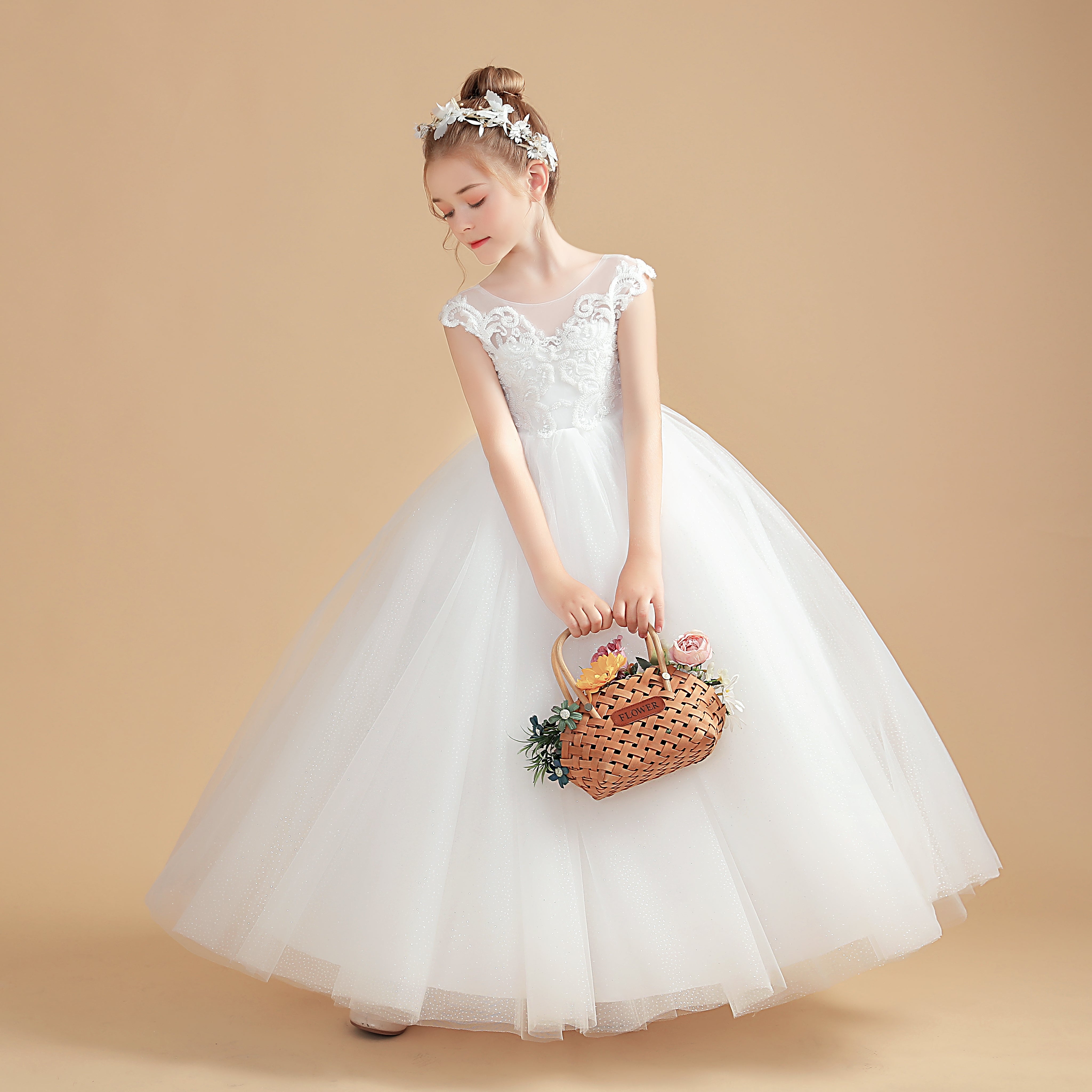 Cap Sleeves Ivory Tulle Flower Girl Dresses With Bowknot