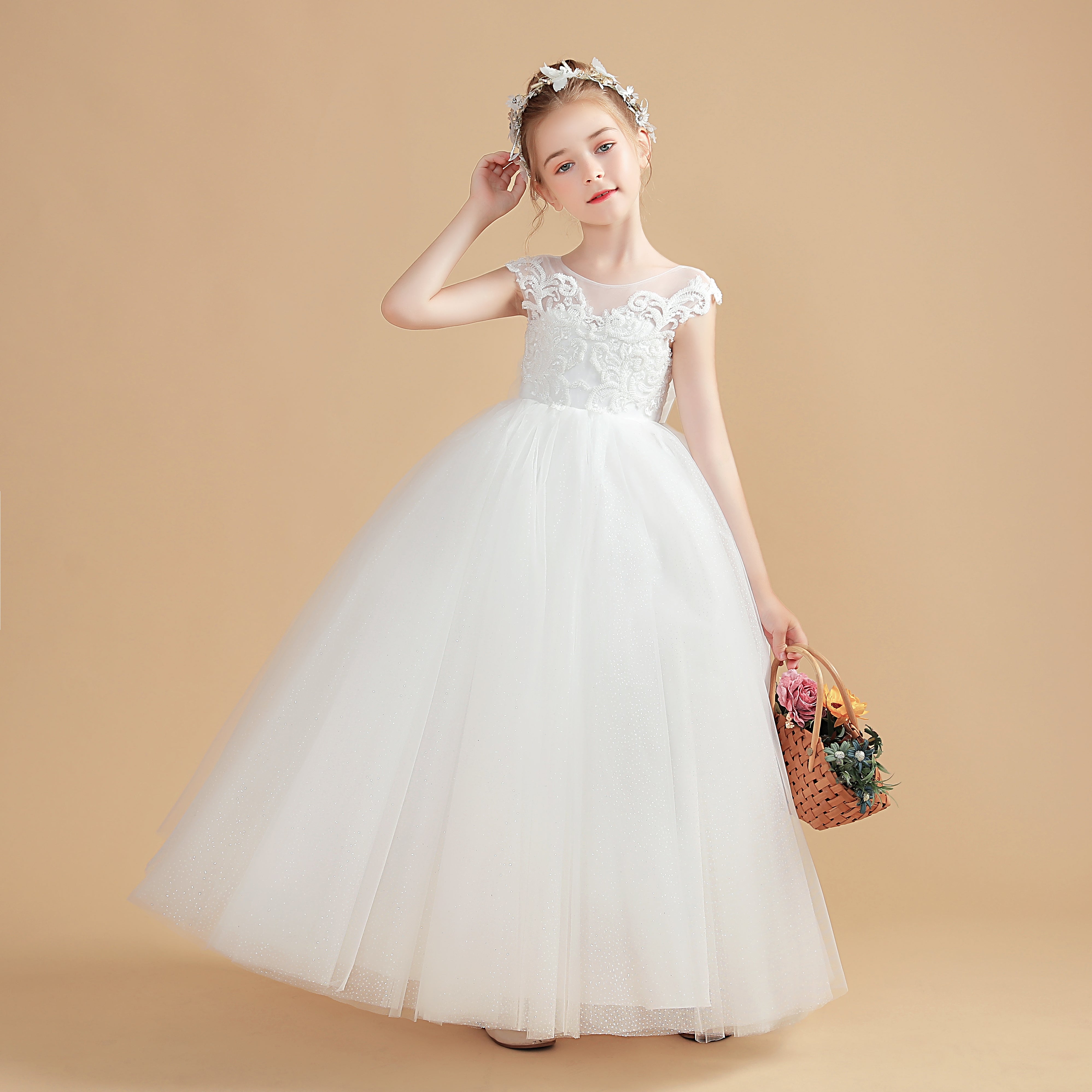 Cap Sleeves Ivory Tulle Flower Girl Dresses With Bowknot