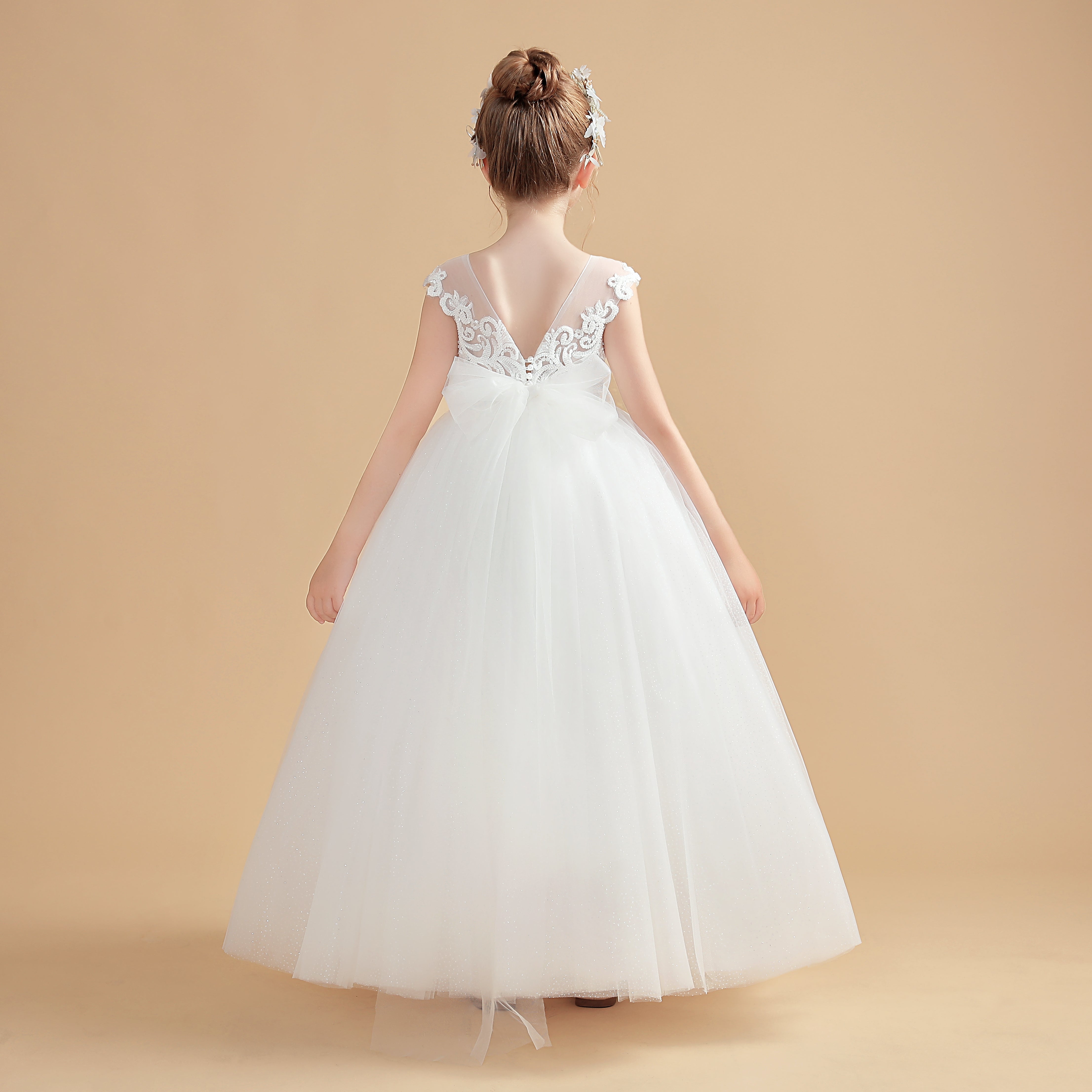 Cap Sleeves Ivory Tulle Flower Girl Dresses With Bowknot