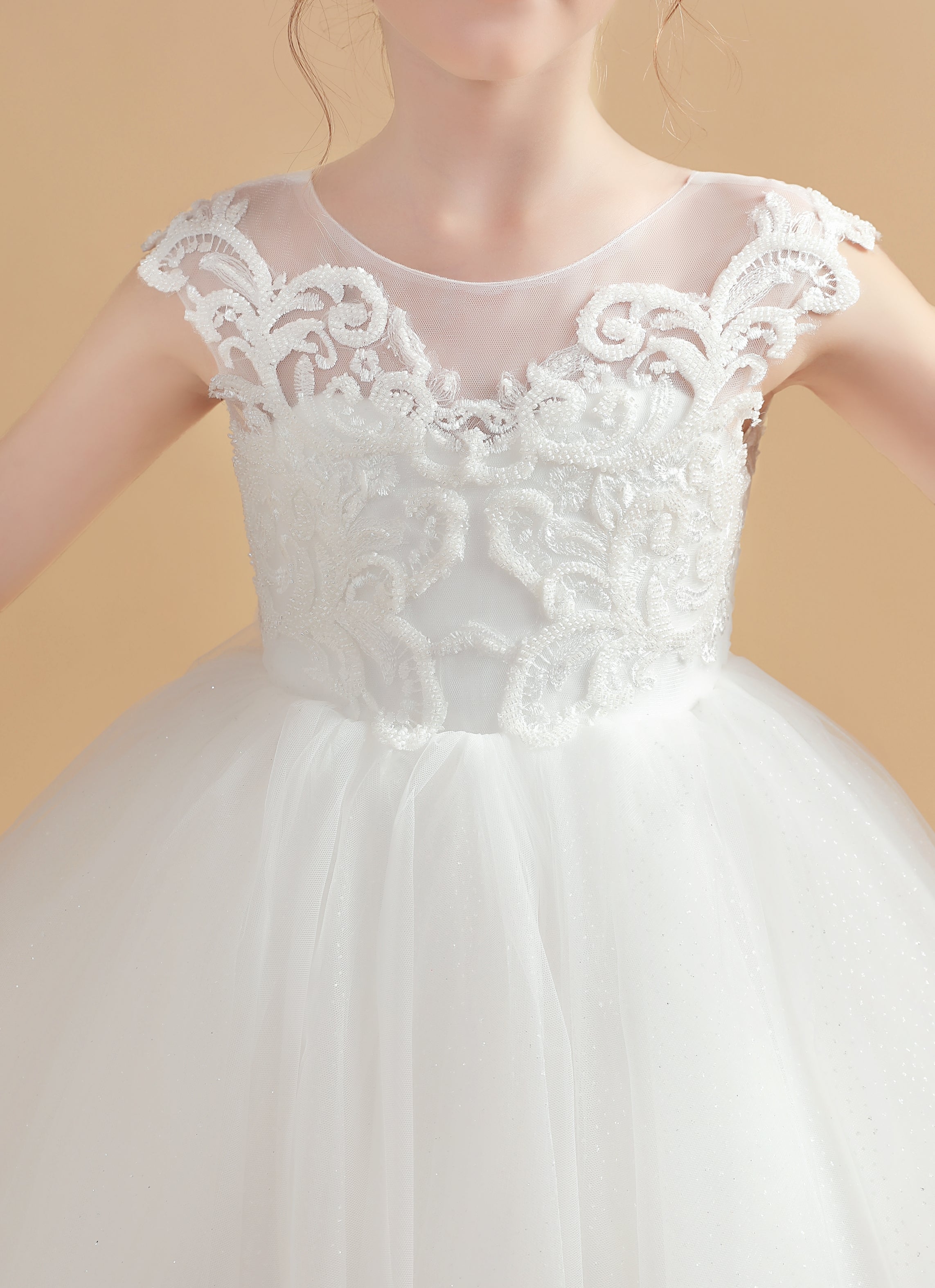 Cap Sleeves Ivory Tulle Flower Girl Dresses With Bowknot