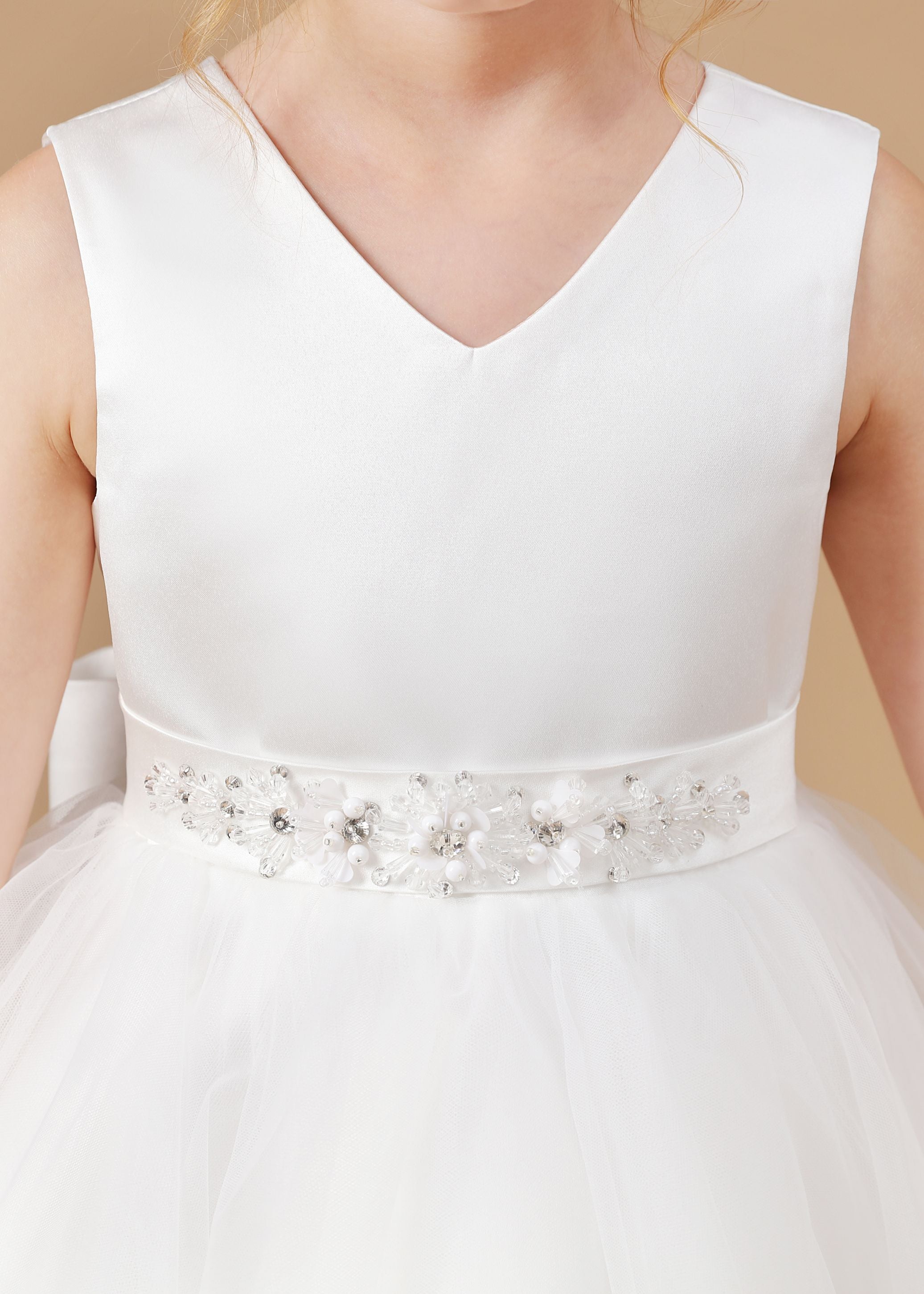 Sleeveless Ivory V-neck Tulle Satin Flower Girl Dresses With Bowknot