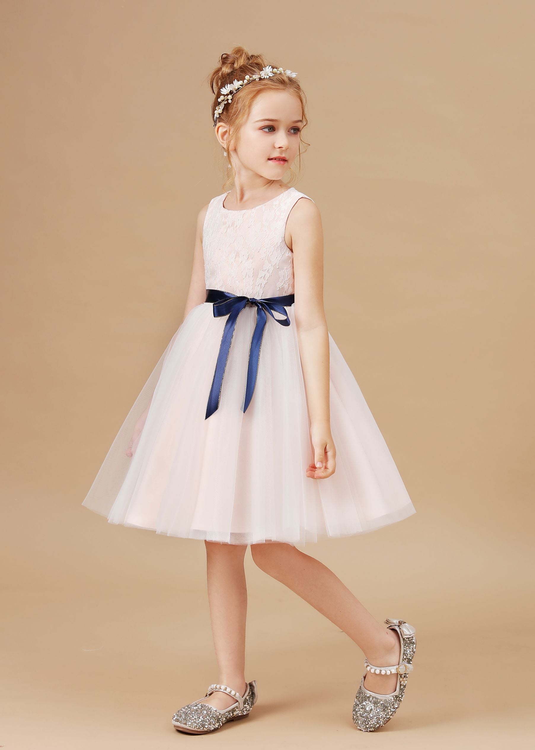 Sleeveless Lace Tulle Satin Flower Girl Dresses With Bowknot Satin-Sash