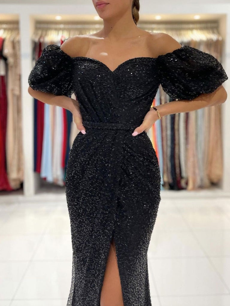 Black Off the Shoulder Mermaid Sequined Slit Formal Evening Dresses Long Prom Dresses