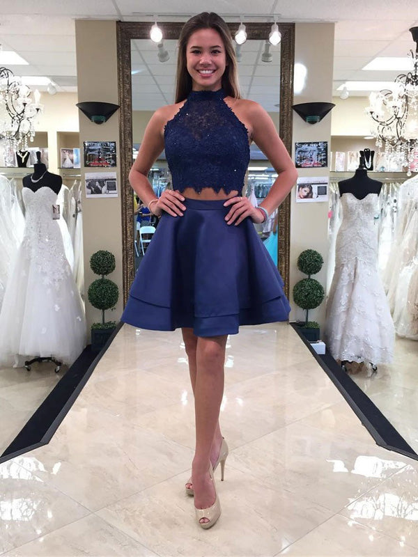 Sky Blue Two Piece A Line Halter Sleeveless Appliques Short Homecoming Dresses