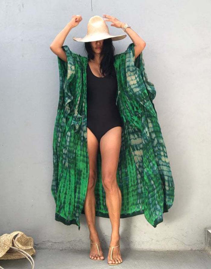 Savaviaswim - Green Hooded Printed Beach Vacation Swimsuit Cover Up