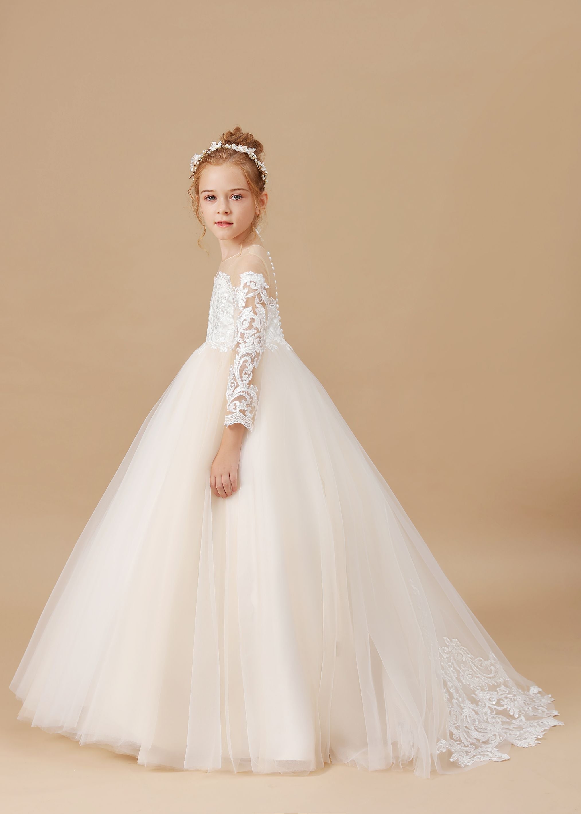 Floor-length Long Sleeves Lace Tulle Satin Flower Girl Dresses