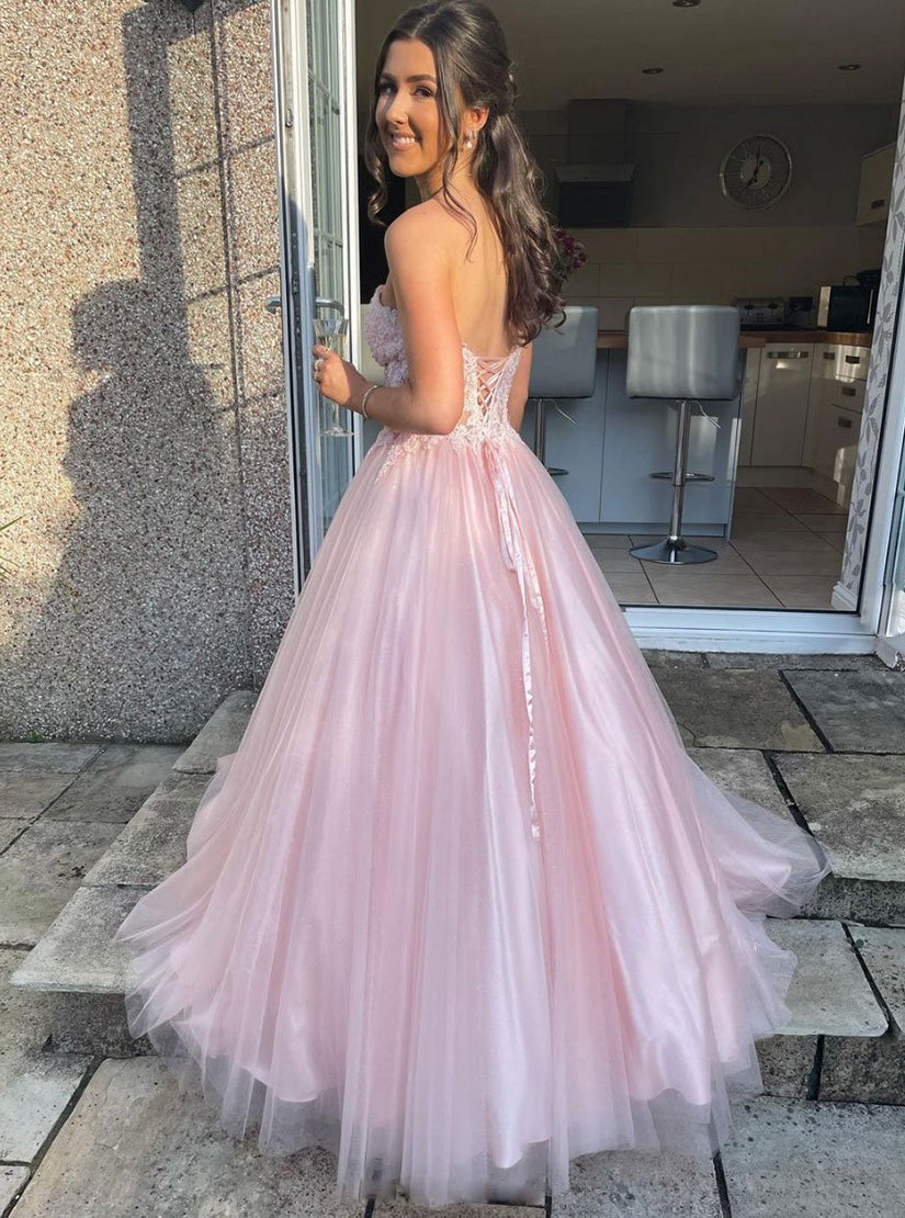 Pink Sweetheart Sleeveless A Line Tulle Lace Prom Dresses