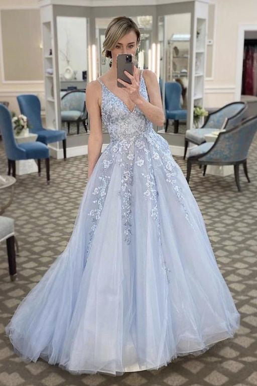 Stylish Mist Tulle Lace A-Line V-Neck Appliques Formal Evening Dresses Long Prom Dresses