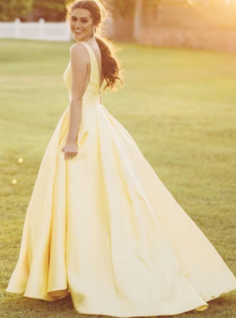 Yellow Sleeveless A Line Long Prom Dresses